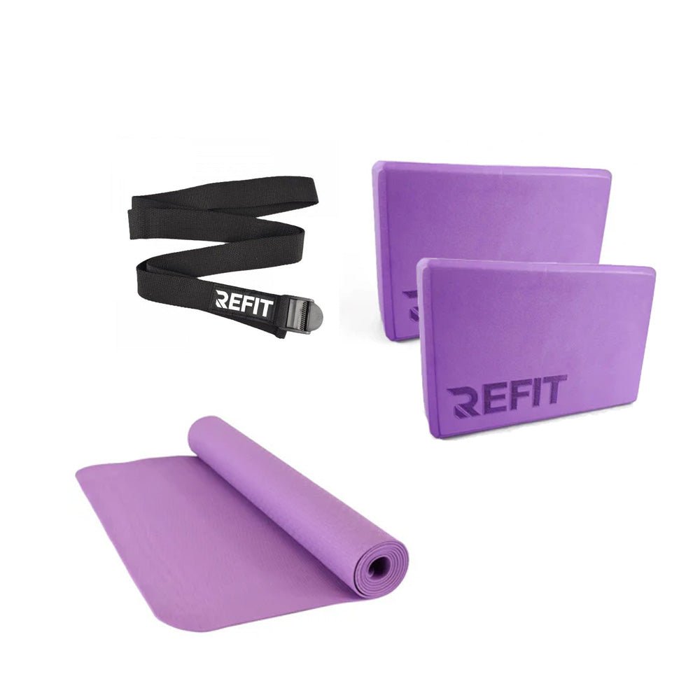 Refit yogapaket lila med matta 3 mm, yogablock och yogabälte - Rehcore AB