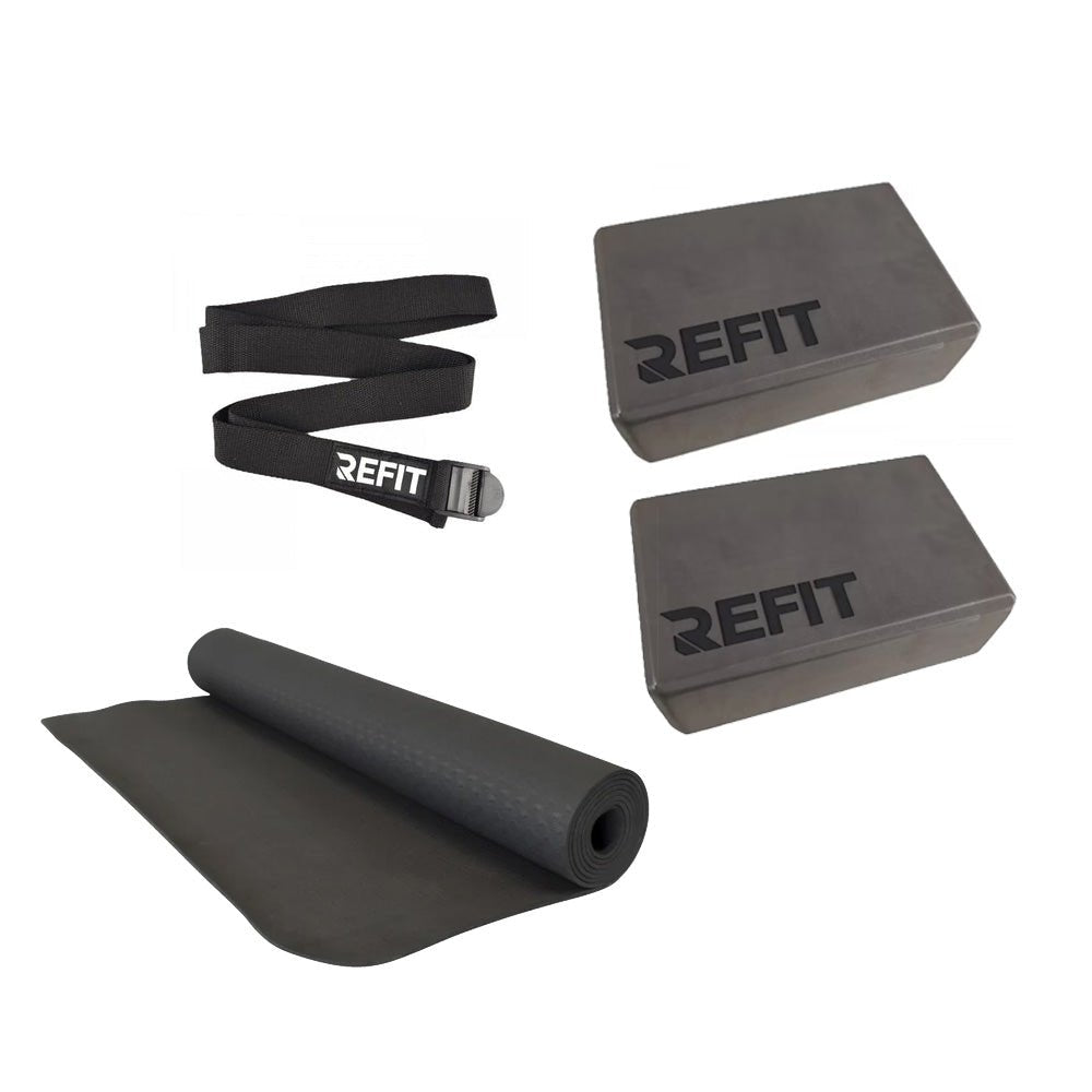 Refit yogapaket svart med matta 3 mm, yogablock och yogabälte - Rehcore AB